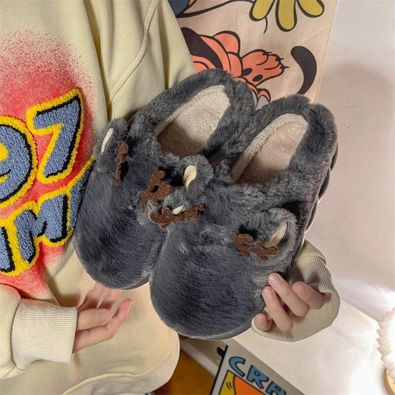 White Slippers For Women Fuzzy Cute Antlers Warm Animal Memory Foam Plush Women Men Indoor Outdoor Bedroom Slippers Fur Home Slippers For Women Memory Foam Anti-Slip Cozy Fluffy Outdoor Indoor Warm Slippers
