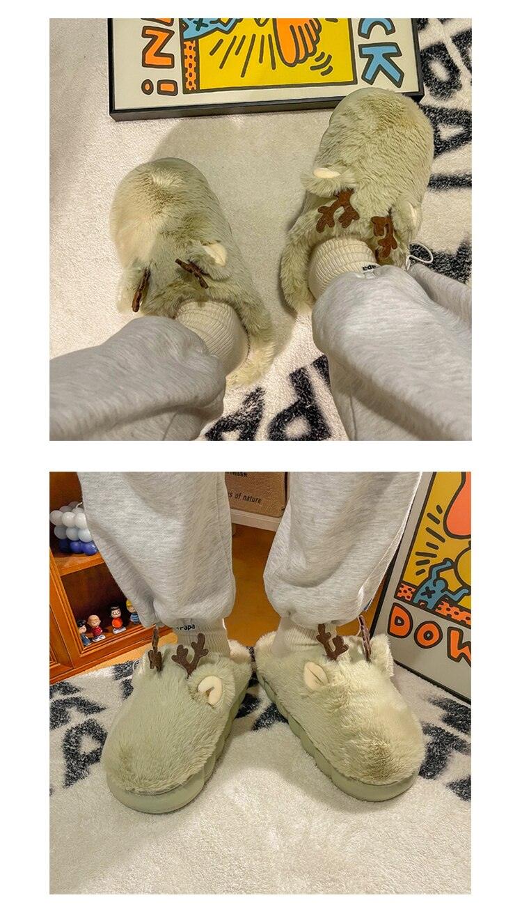 White Slippers For Women Fuzzy Cute Antlers Warm Animal Memory Foam Plush Women Men Indoor Outdoor Bedroom Slippers Fur Home Slippers For Women Memory Foam Anti-Slip Cozy Fluffy Outdoor Indoor Warm Slippers