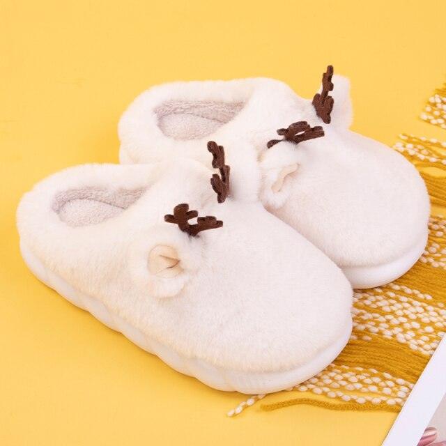 White Slippers For Women Fuzzy Cute Antlers Warm Animal Memory Foam Plush Women Men Indoor Outdoor Bedroom Slippers Fur Home Slippers For Women Memory Foam Anti-Slip Cozy Fluffy Outdoor Indoor Warm Slippers