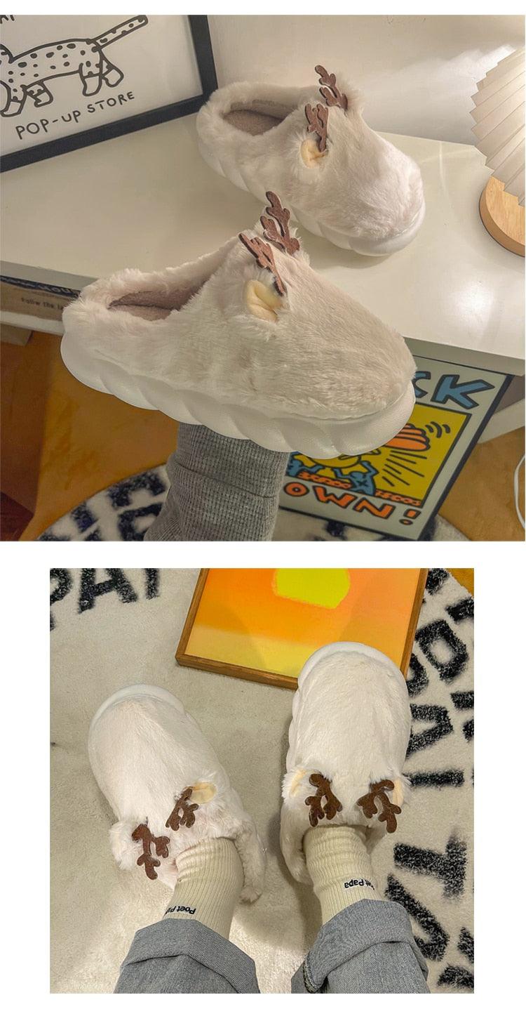 White Slippers For Women Fuzzy Cute Antlers Warm Animal Memory Foam Plush Women Men Indoor Outdoor Bedroom Slippers Fur Home Slippers For Women Memory Foam Anti-Slip Cozy Fluffy Outdoor Indoor Warm Slippers