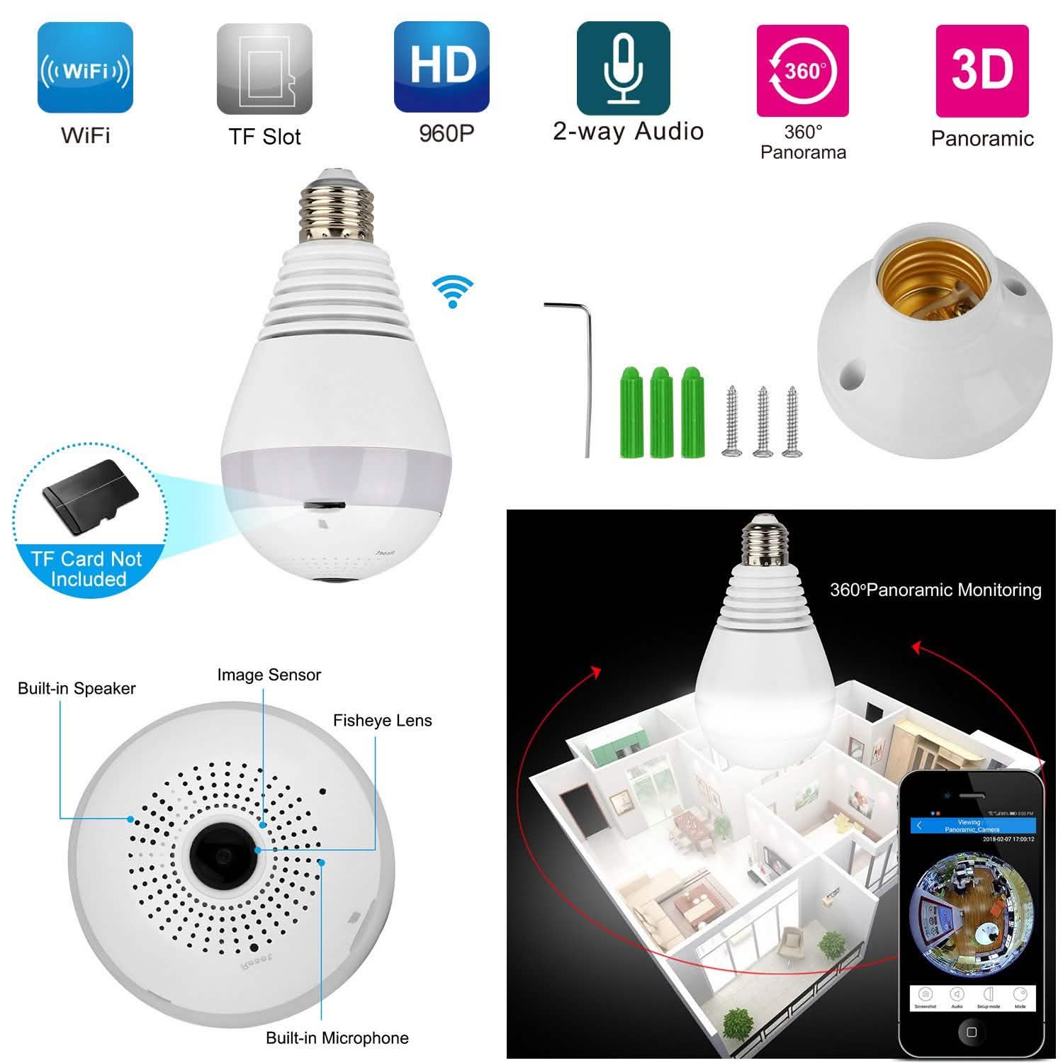 WiFi Light Bulb Camera 960P Security Camera 360°
