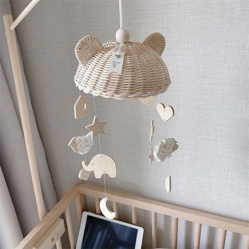 Wind Chime With Wooden Pendant Kids Room Decoration Wall Hanging Ornaments Clouds and Stars Sooth Pendant Toy  Nursery Decoration Gift for Newborn Boys and Girls