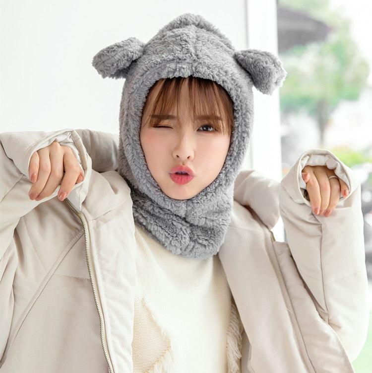 Winter Cute Bear Ears Warm Hat Windproof Neck Scarf Cap Student Women Plus Cashmere Cap Unisex Keep Warm Sports Beanies Knitted Headgear Face Hooded Cowl Neckerchief with Drawstring Soft Balaclava Pullover Knitted Beanie