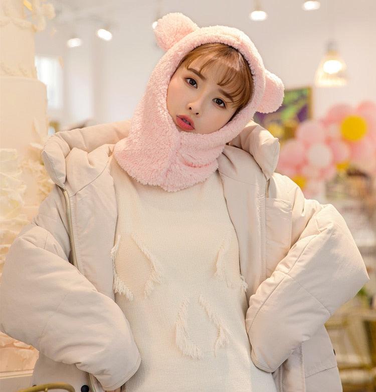 Winter Cute Bear Ears Warm Hat Windproof Neck Scarf Cap Student Women Plus Cashmere Cap Unisex Keep Warm Sports Beanies Knitted Headgear Face Hooded Cowl Neckerchief with Drawstring Soft Balaclava Pullover Knitted Beanie