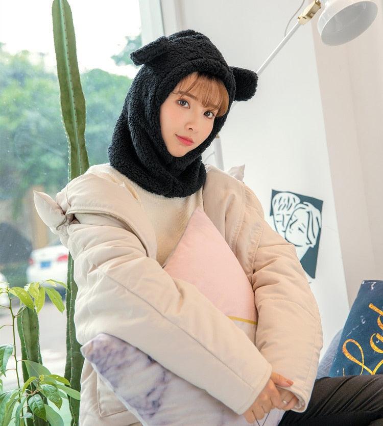 Winter Cute Bear Ears Warm Hat Windproof Neck Scarf Cap Student Women Plus Cashmere Cap Unisex Keep Warm Sports Beanies Knitted Headgear Face Hooded Cowl Neckerchief with Drawstring Soft Balaclava Pullover Knitted Beanie