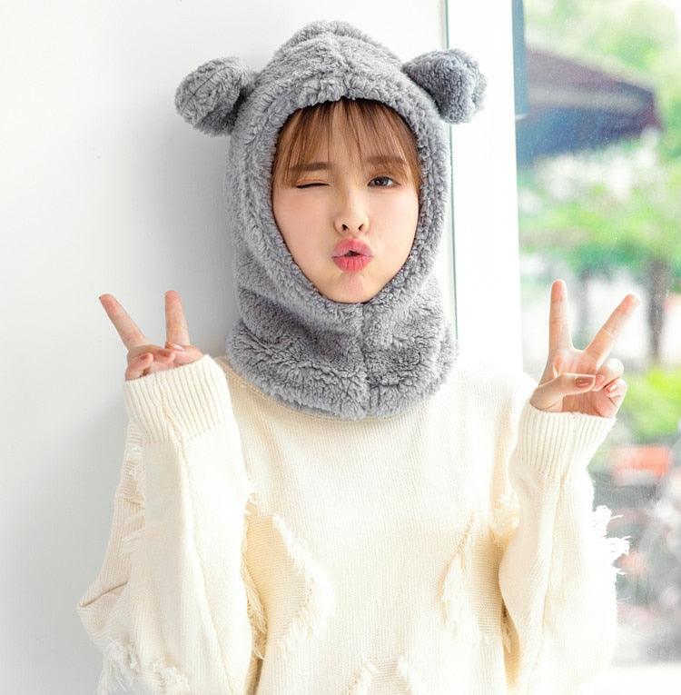 Winter Cute Bear Ears Warm Hat Windproof Neck Scarf Cap Student Women Plus Cashmere Cap Unisex Keep Warm Sports Beanies Knitted Headgear Face Hooded Cowl Neckerchief with Drawstring Soft Balaclava Pullover Knitted Beanie