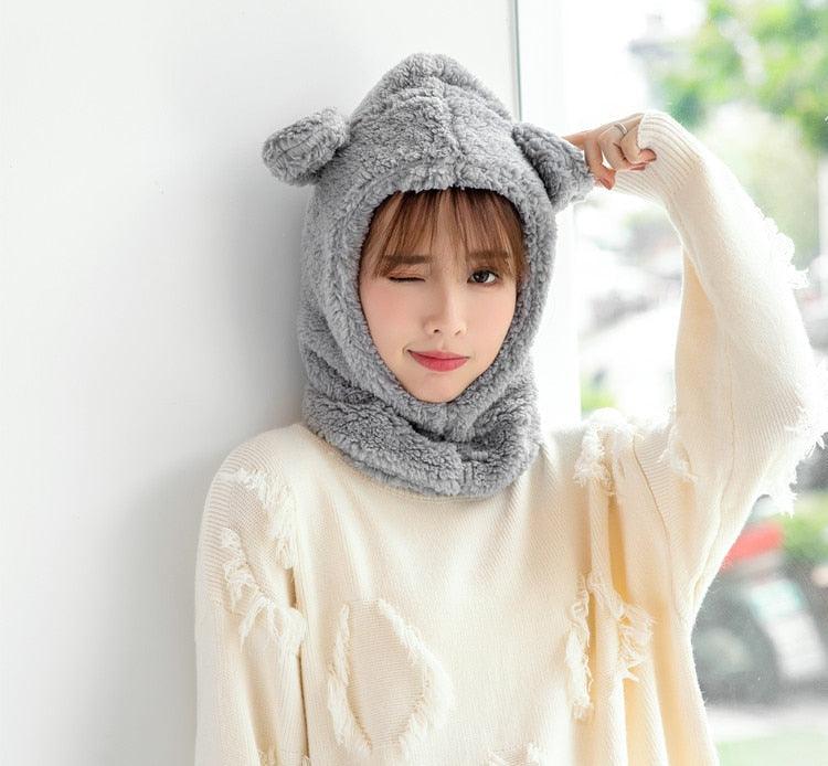 Winter Cute Bear Ears Warm Hat Windproof Neck Scarf Cap Student Women Plus Cashmere Cap Unisex Keep Warm Sports Beanies Knitted Headgear Face Hooded Cowl Neckerchief with Drawstring Soft Balaclava Pullover Knitted Beanie