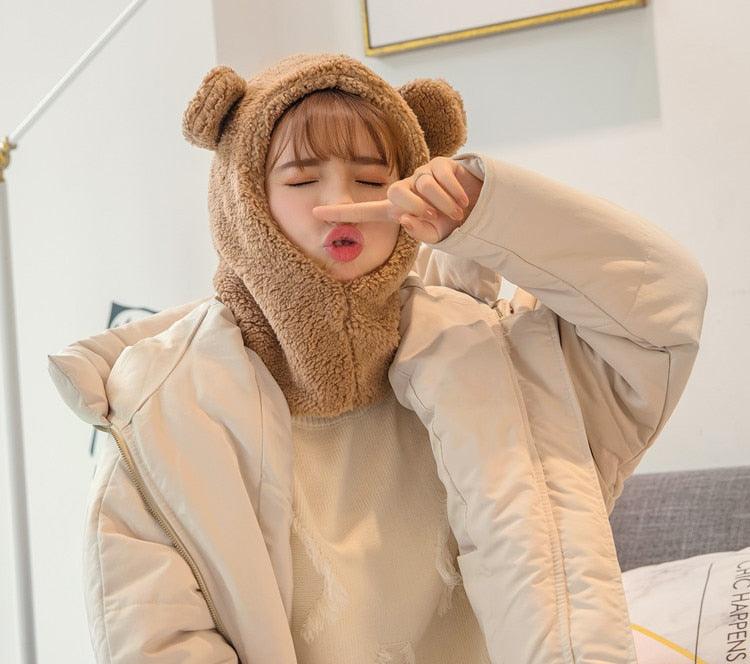 Winter Cute Bear Ears Warm Hat Windproof Neck Scarf Cap Student Women Plus Cashmere Cap Unisex Keep Warm Sports Beanies Knitted Headgear Face Hooded Cowl Neckerchief with Drawstring Soft Balaclava Pullover Knitted Beanie