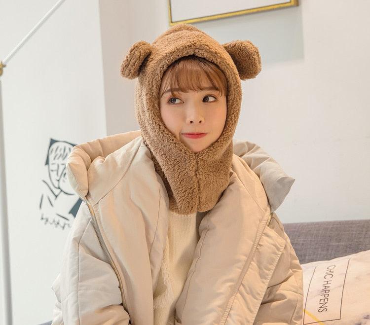 Winter Cute Bear Ears Warm Hat Windproof Neck Scarf Cap Student Women Plus Cashmere Cap Unisex Keep Warm Sports Beanies Knitted Headgear Face Hooded Cowl Neckerchief with Drawstring Soft Balaclava Pullover Knitted Beanie