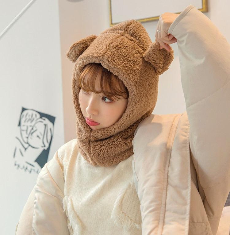 Winter Cute Bear Ears Warm Hat Windproof Neck Scarf Cap Student Women Plus Cashmere Cap Unisex Keep Warm Sports Beanies Knitted Headgear Face Hooded Cowl Neckerchief with Drawstring Soft Balaclava Pullover Knitted Beanie