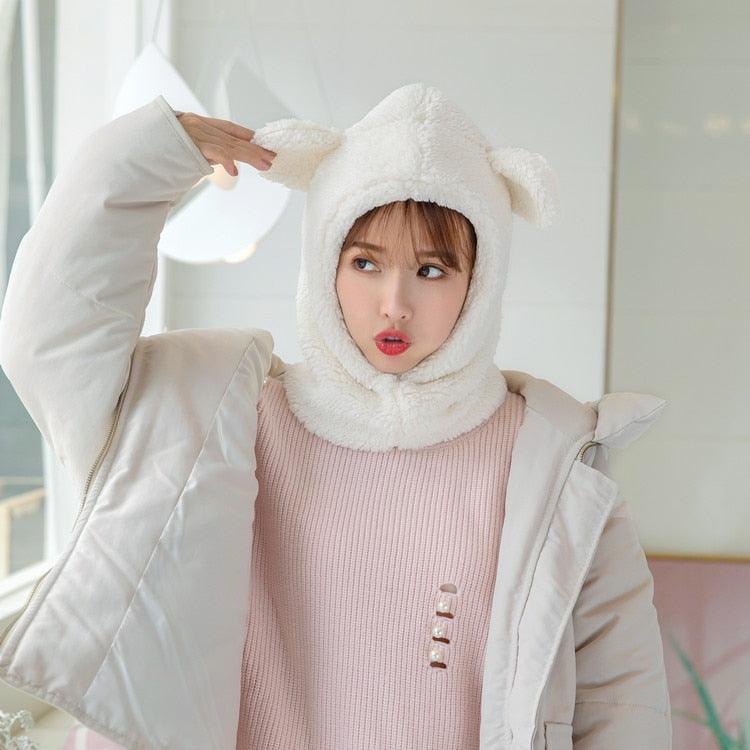Winter Cute Bear Ears Warm Hat Windproof Neck Scarf Cap Student Women Plus Cashmere Cap Unisex Keep Warm Sports Beanies Knitted Headgear Face Hooded Cowl Neckerchief with Drawstring Soft Balaclava Pullover Knitted Beanie