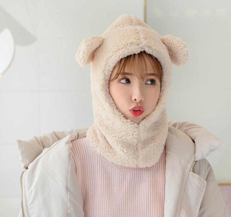 Winter Cute Bear Ears Warm Hat Windproof Neck Scarf Cap Student Women Plus Cashmere Cap Unisex Keep Warm Sports Beanies Knitted Headgear Face Hooded Cowl Neckerchief with Drawstring Soft Balaclava Pullover Knitted Beanie