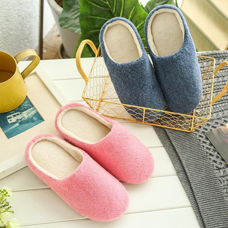 Winter Home Men And Women Solid Color Slippers Fashion Couple Plush Slippers Warm Indoors Bedroom Floor Shoes Warm Cotton Memory Foam Slippers Soft Yarn House Slippers
