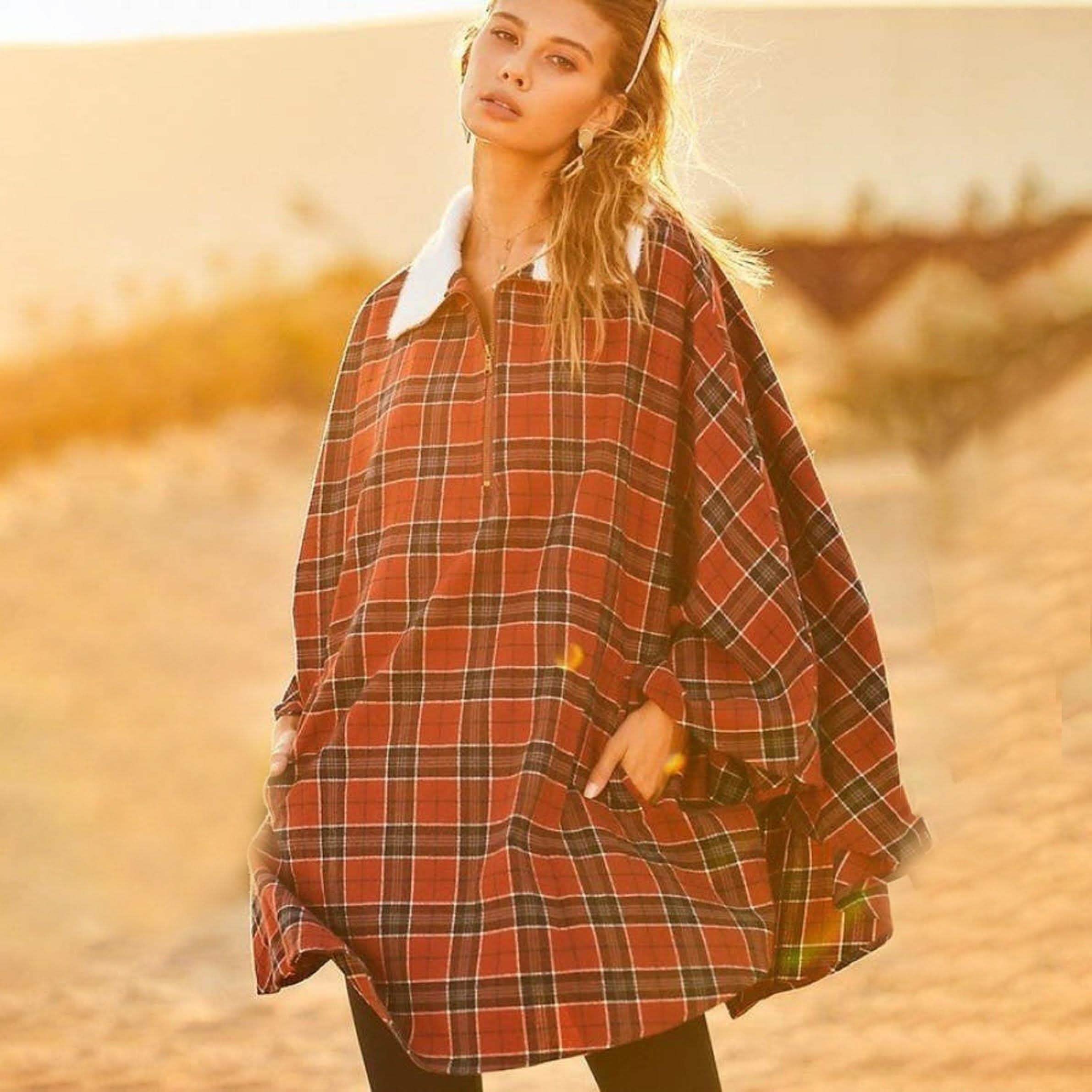Winter Pocket Plaid Poncho