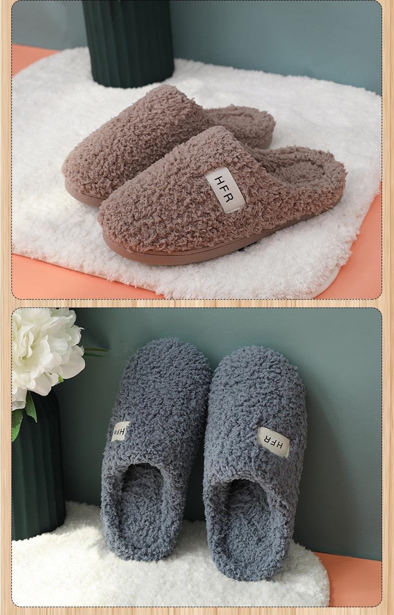 Winter Short Plush Cotton Home Slippers Women Indoor Floor Footwear Fashion Men Household Warm Slides Flat Couple House Slippers With Memory Foam Snd Comfortable Warm Shoes