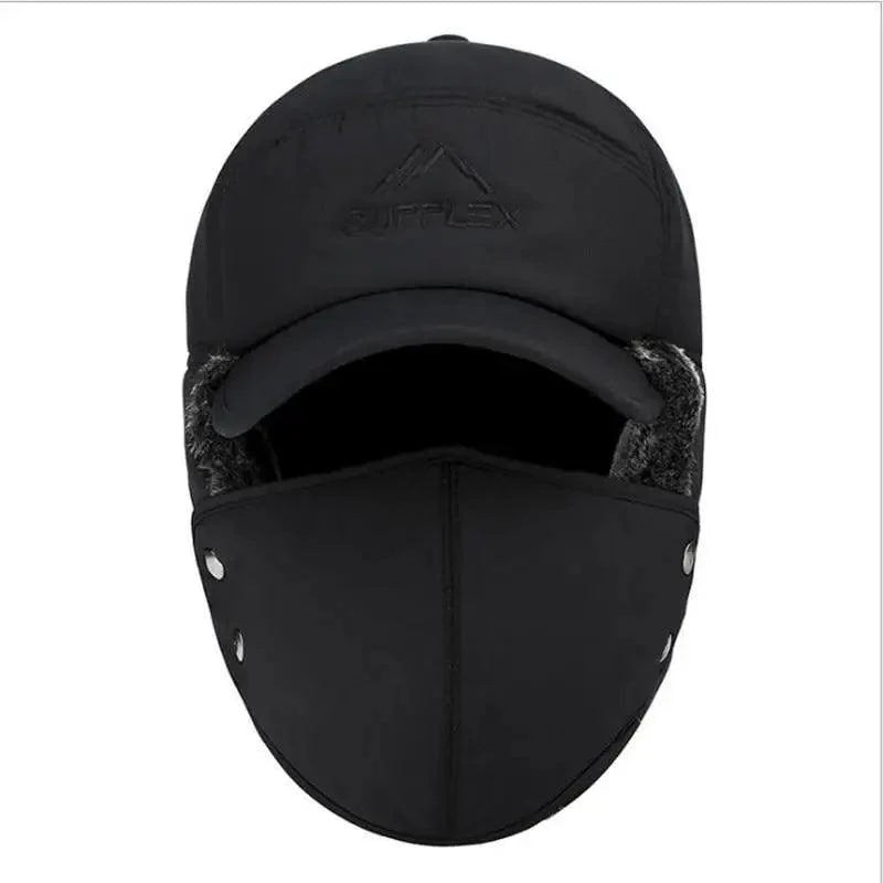 Winter Thermal Black Hat Fashion Ear Protection Face Windproof Adjustable Ski Cap Thicken Outdoor Hat