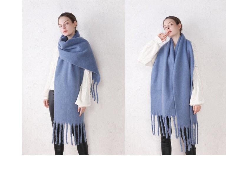 Winter Thick Soft Solid Color Warm Scarf Cashmere Hijabs Lightweight Warm Scarves Wraps Elegant Big Tassels Shawl Long Stole Mufflers For Women