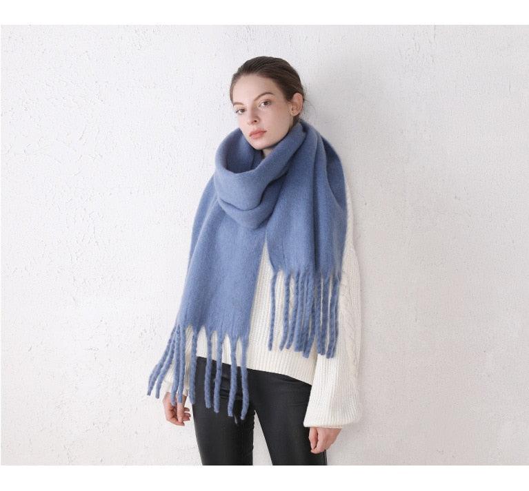 Winter Thick Soft Solid Color Warm Scarf Cashmere Hijabs Lightweight Warm Scarves Wraps Elegant Big Tassels Shawl Long Stole Mufflers For Women