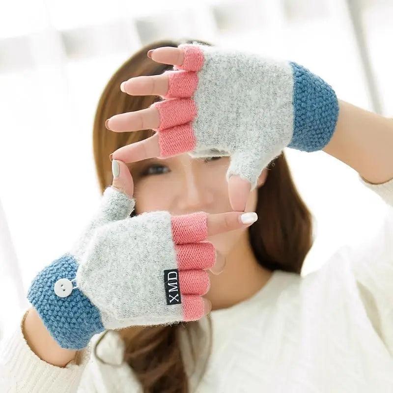 Winter Warm Thickening Wool Gloves Knitted Flip Fingerless Exposed Finger Thick Gloves Mittens Soft Cold Weather Women Gloves