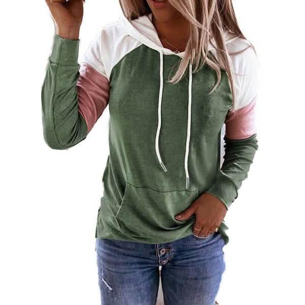 Winter Women’s Fashion Casual Sweatshirts Long Sleeve Hooded Pullover Loose Block Color Pockets Sweatshirts