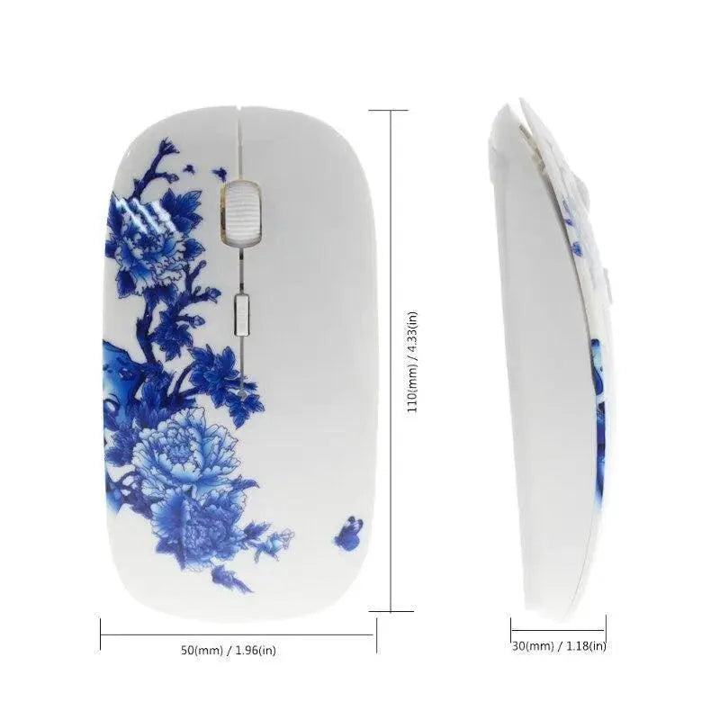 Wireless Blue White Flower Pattern Mouse Optical Mice 1600 DPI Wireless Mouse Portable Mobile Office USB Mouse