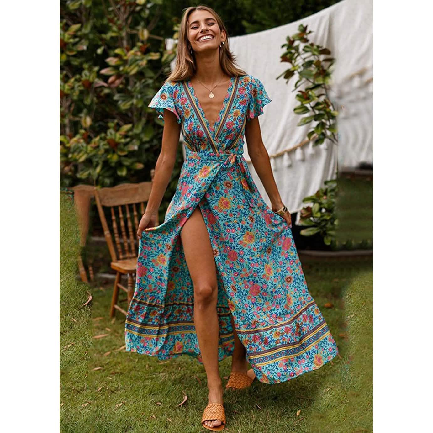 Women Boho Summer Side Split Deep V Neck Short Sleeves Maxi Dress with Belt