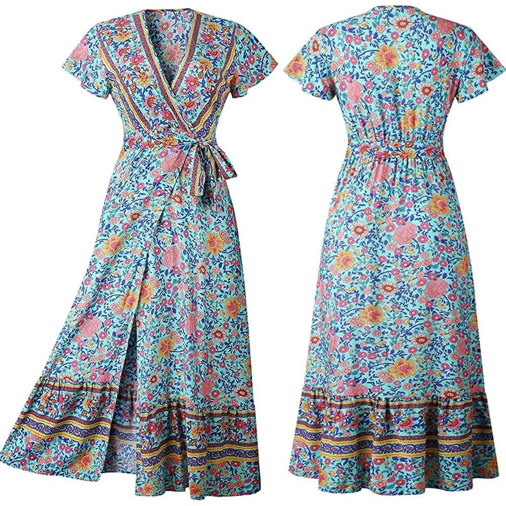 Women Boho Summer Side Split Deep V Neck Short Sleeves Maxi Dress with Belt