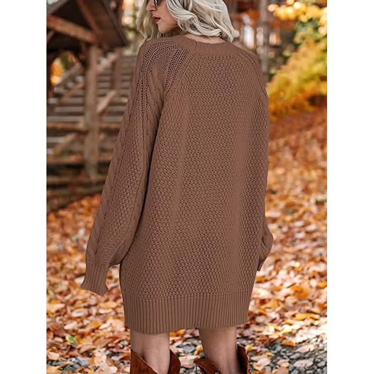 Women Crewneck Long Sleeve Oversized Cable Knit Chunky Pullover Short Sweater Dresses