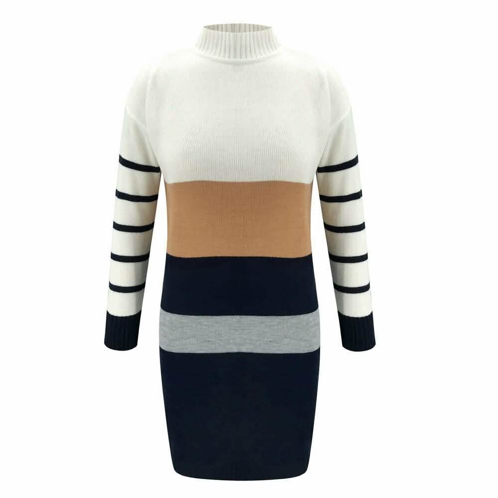 Women Knit Cowl Turtleneck Stripe Sweater Dress Long Sleeve Pullover Mini Dress