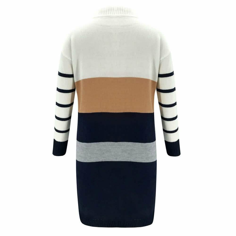 Women Knit Cowl Turtleneck Stripe Sweater Dress Long Sleeve Pullover Mini Dress