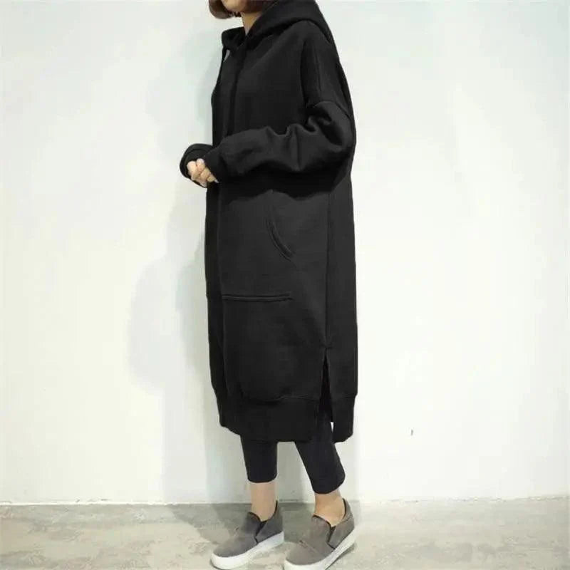 Women Loose Long Hoodie Casual Solid Color Hooded Sweatshirts Student's Autumn Winter Baggy Pullover Oversized Sweatshirt Dress