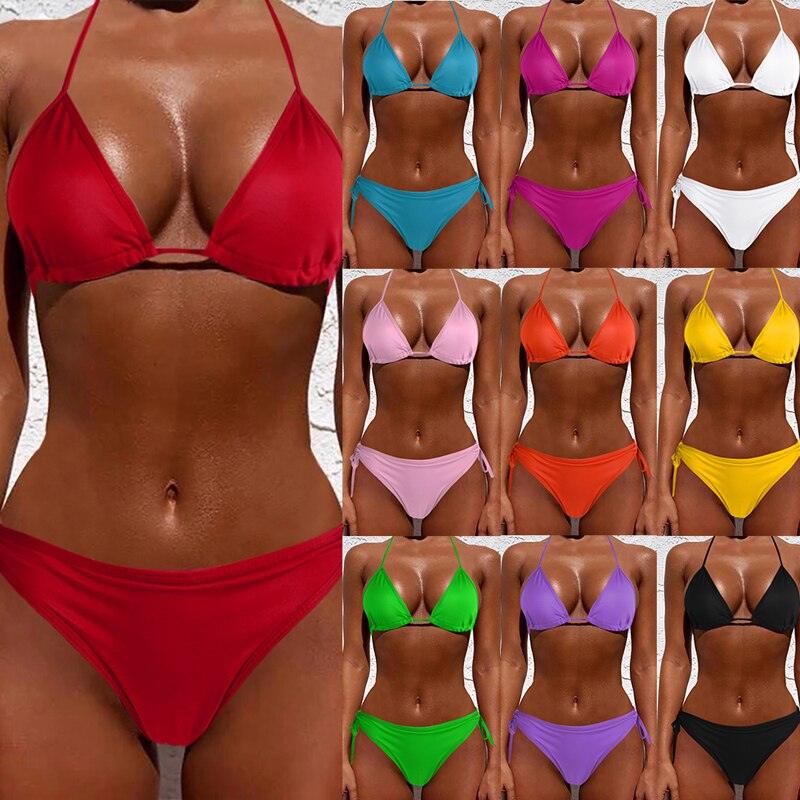 Women One Size Bright Color Swimwear Women's Bikini Pure Color Micro Bikini Charming Bra Bottom Swimsuits New Summer Style Lady Bandage Bikini Set Push-up Bra Bathing Suit Swimsuit