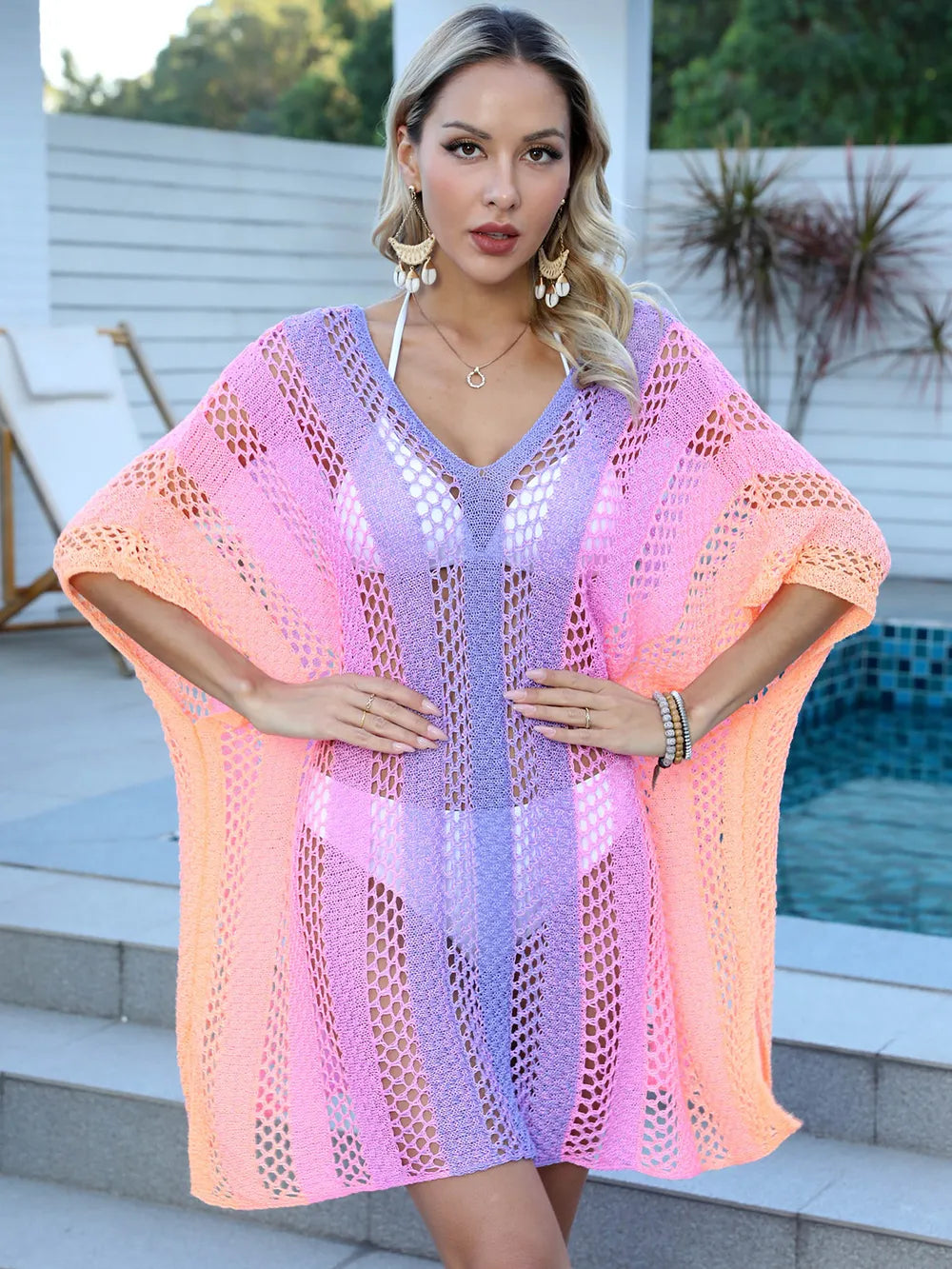 Women's gradient color hollow woven sweater loose casual bikini dress