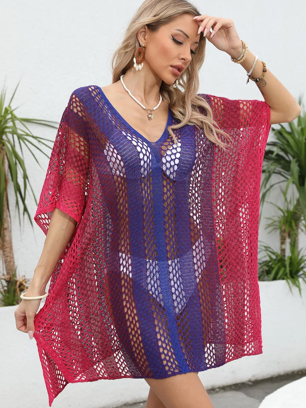 Women's gradient color hollow woven sweater loose casual bikini dress