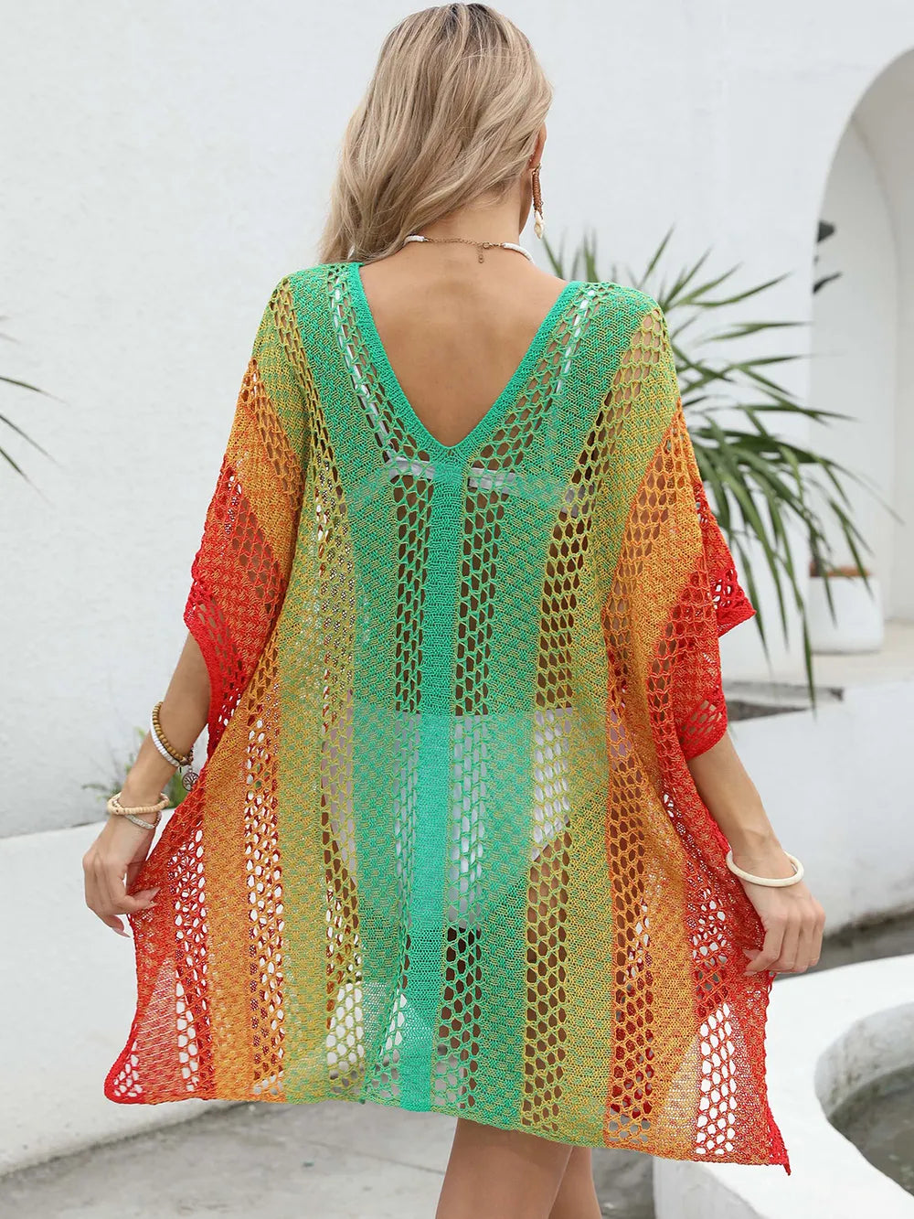 Women's gradient color hollow woven sweater loose casual bikini dress