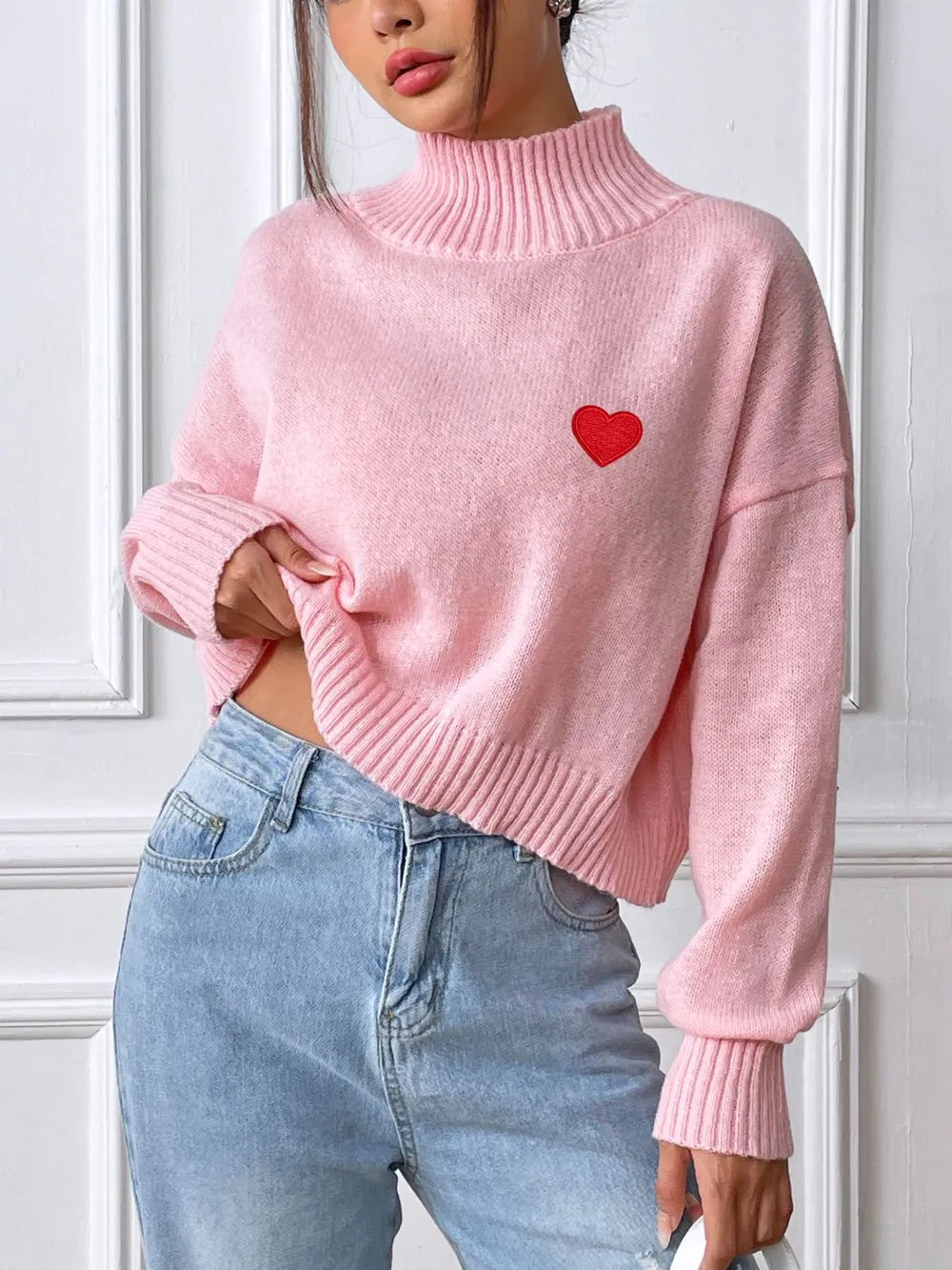 Women's high neck pullover sweater loose heart sticker casual base sweater