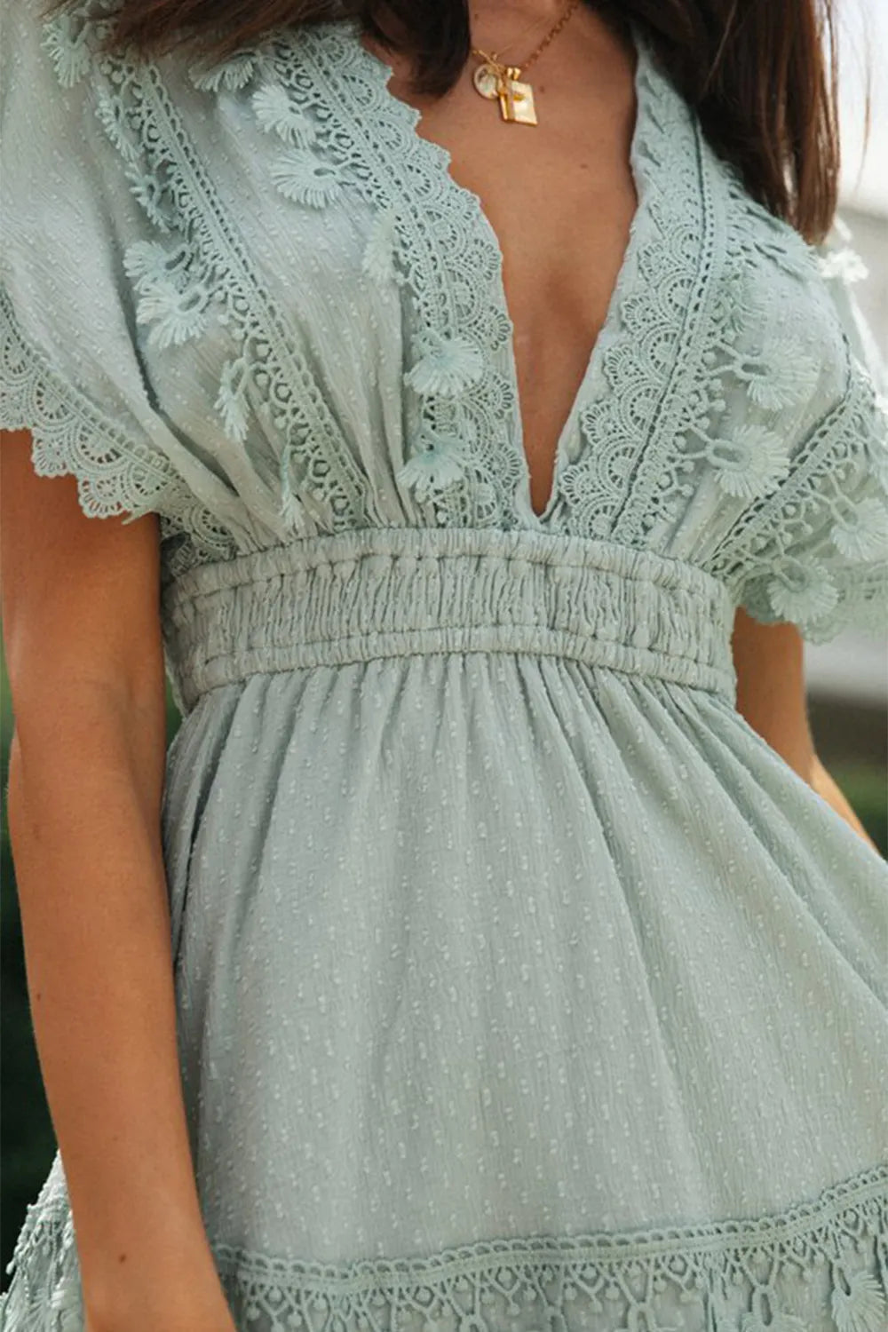 Women's lace patchwork lace up backless big swing batball sleeve dress