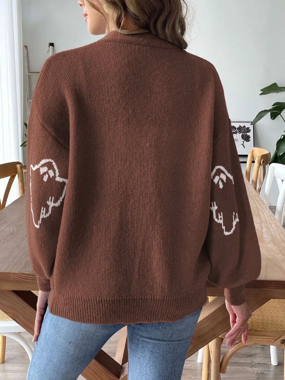 Women's loose casual button sweater cartoon jacquard cardigan for women