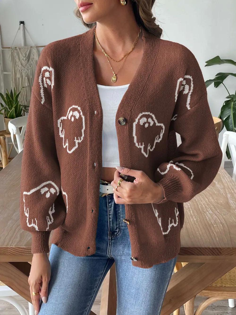 Women's loose casual button sweater cartoon jacquard cardigan for women