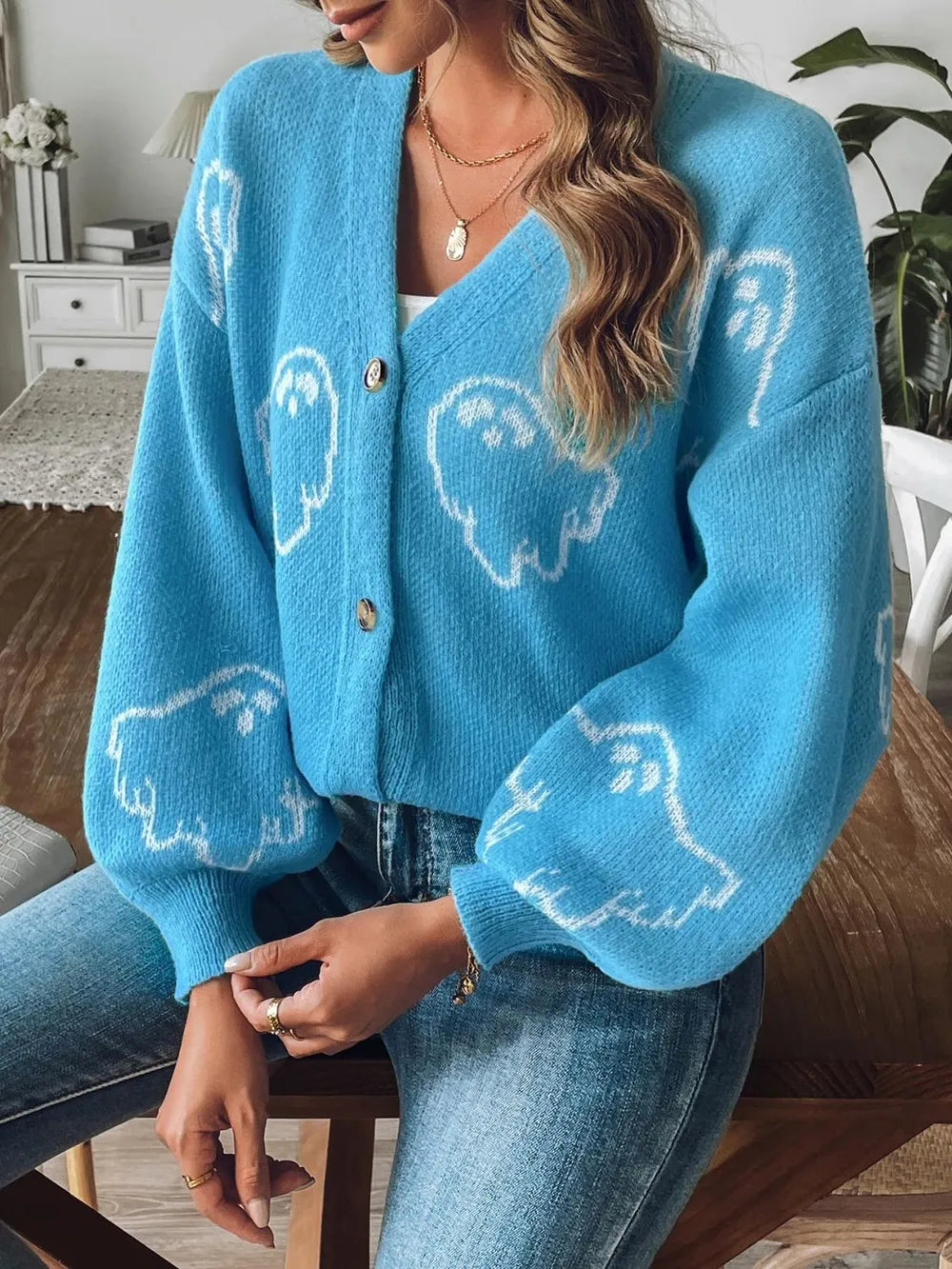 Women's loose casual button sweater cartoon jacquard cardigan for women