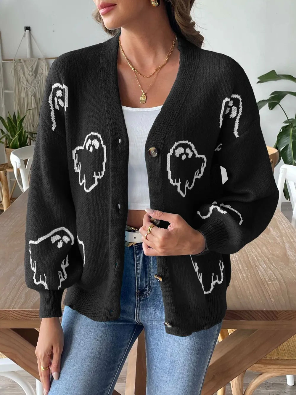 Women's loose casual button sweater cartoon jacquard cardigan for women