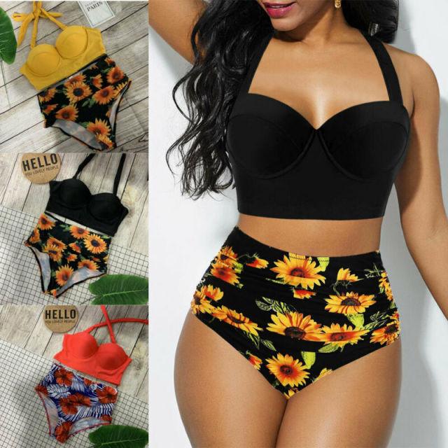 Women's Push Up Padded Bra Bikini Set Women Vintage Tropical Print Swimsuit Retro Halter High Waist Bikinis Bra Set Swimwear Two Piece Bathing Suit High Waist Swimsuit Floral Bathing Suit Swimwear Summer Bathing Suit Beachwear