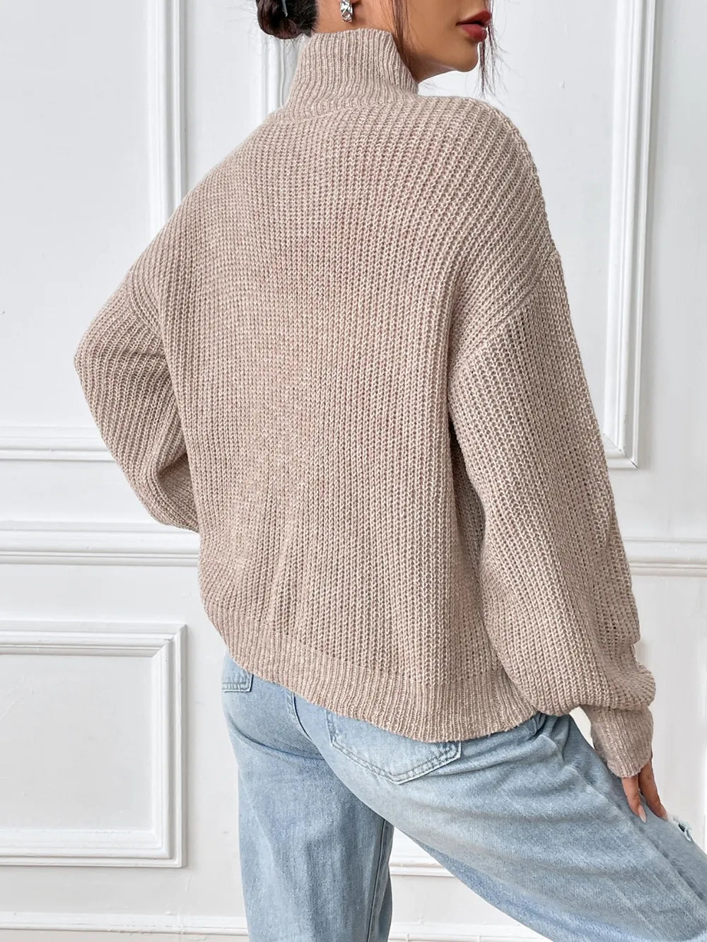 Women's semi high neck pullover sweater with mixed colors and floral patterns for autumn and winter base