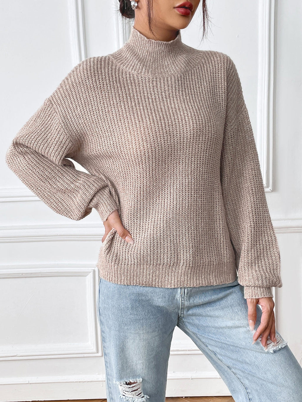Women's semi high neck pullover sweater with mixed colors and floral patterns for autumn and winter base
