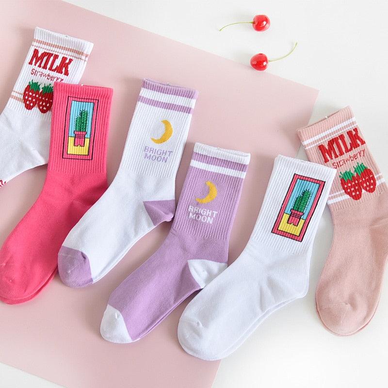 Women's Socks Combed Out Of Pure Cotton Colorful Cartoon Cute Funny Happy Kawaii Moon Strawberry Cactus Ankle Socks For Men And Women