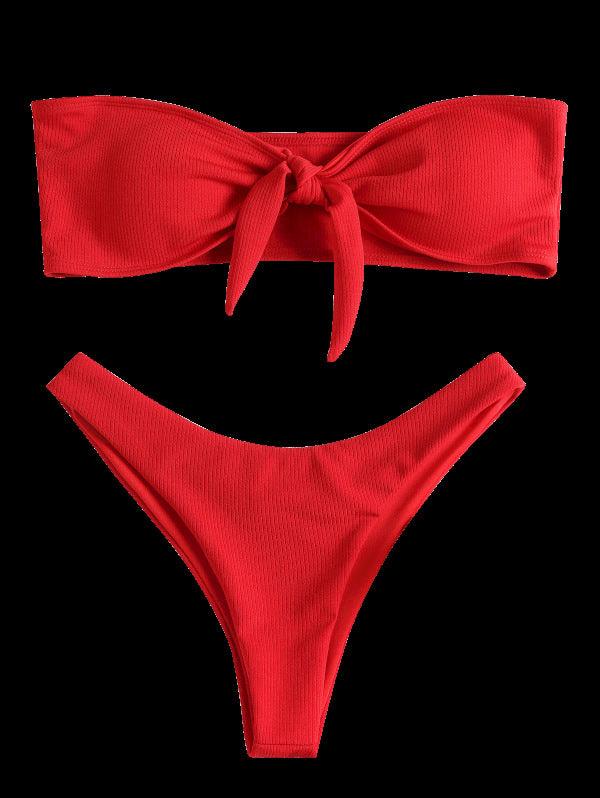 Women's Strapless Bowknot Split Bikini Swimsuit Swimming Suit For Women Women's Tie Knot Front Solid Color Bikini Set Swimsuit Bathing Suits High Cut Bikini Set Strapless Solid Color 2 Pieces Bathing Suit