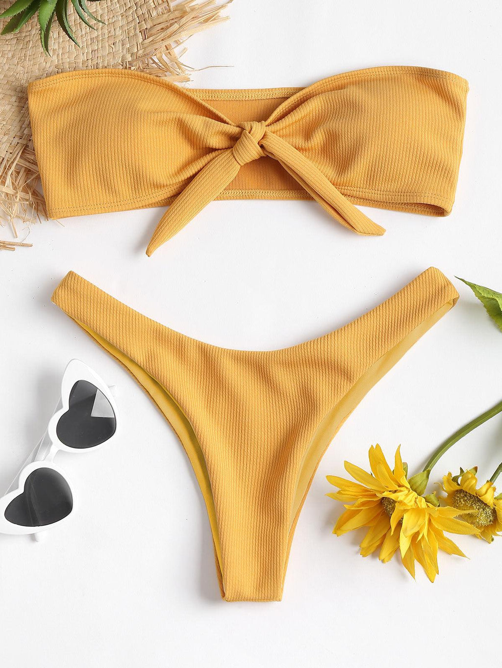Women's Strapless Bowknot Split Bikini Swimsuit Swimming Suit For Women Women's Tie Knot Front Solid Color Bikini Set Swimsuit Bathing Suits High Cut Bikini Set Strapless Solid Color 2 Pieces Bathing Suit