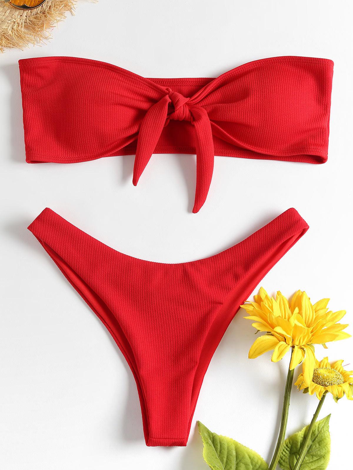 Women's Strapless Bowknot Split Bikini Swimsuit Swimming Suit For Women Women's Tie Knot Front Solid Color Bikini Set Swimsuit Bathing Suits High Cut Bikini Set Strapless Solid Color 2 Pieces Bathing Suit