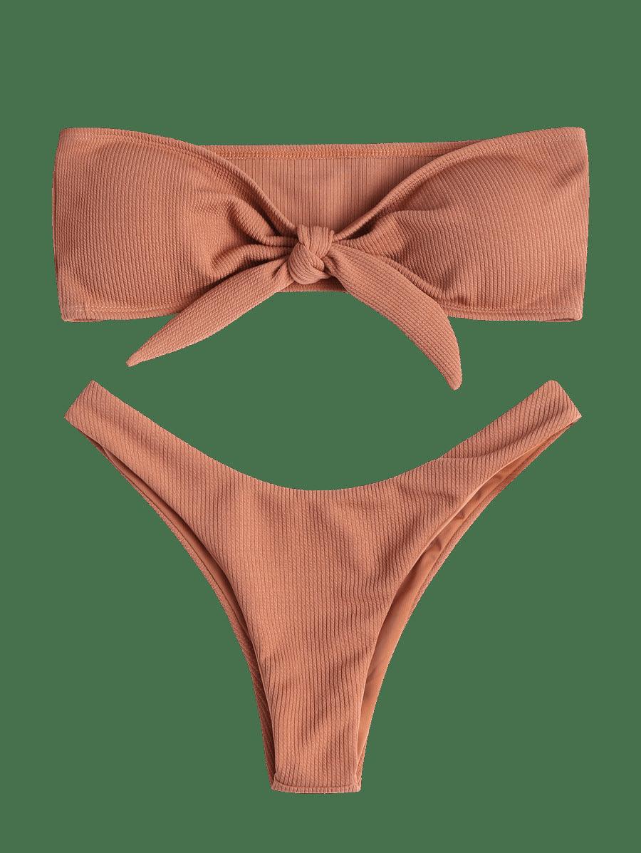 Women's Strapless Bowknot Split Bikini Swimsuit Swimming Suit For Women Women's Tie Knot Front Solid Color Bikini Set Swimsuit Bathing Suits High Cut Bikini Set Strapless Solid Color 2 Pieces Bathing Suit