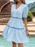 Women's vertical striped stand up collar lace patchwork dress